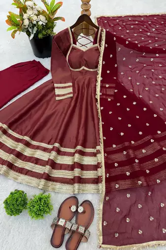 Maroon Color Lace Work With Kali Cutting Work Cosmos Silk Gown Set