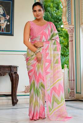women's chevron print chiffon saree -pink 1