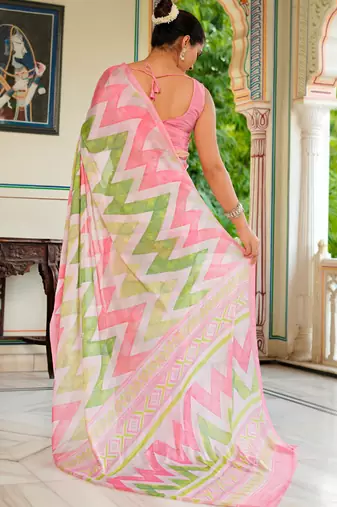 women's chevron print chiffon saree -pink