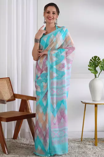 women's chevron print chiffon saree -turquoise