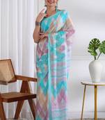 women's chevron print chiffon saree -turquoise