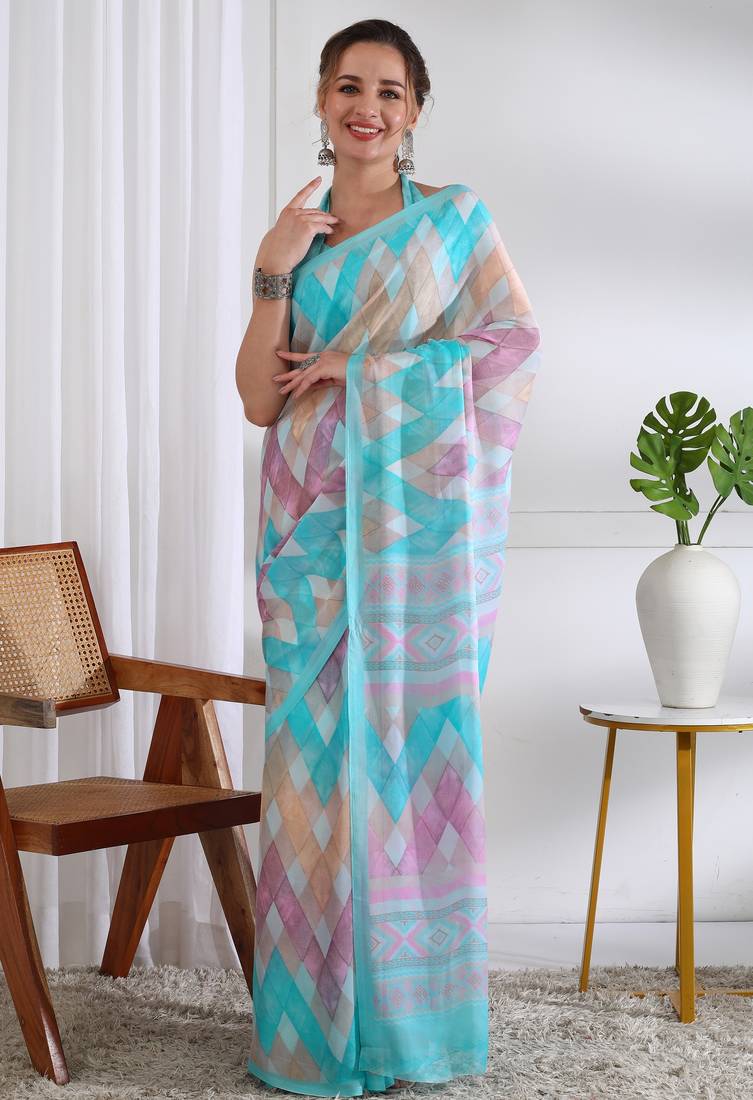 women's chevron print chiffon saree -turquoise