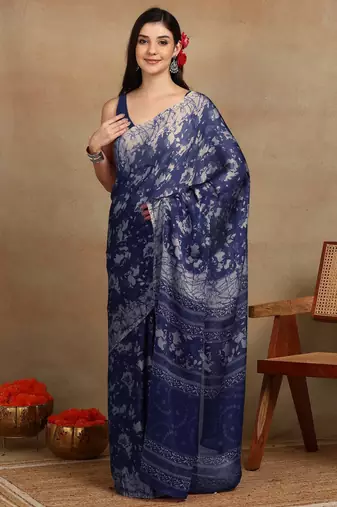 women's floral print chiffon saree -blue