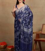 women's floral print chiffon saree -blue