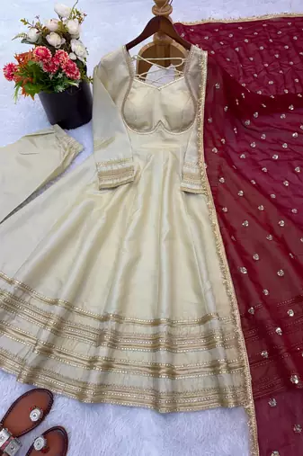 Off White Color Lace Work With Kali Cutting Work Cosmos Silk Gown Set