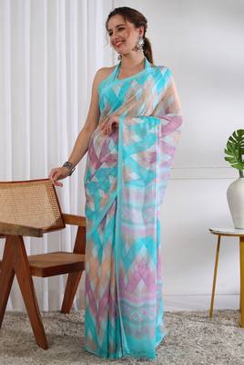 women's chevron print chiffon saree -turquoise 2
