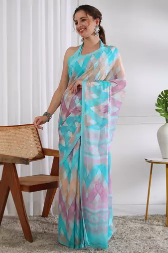 women's chevron print chiffon saree -turquoise