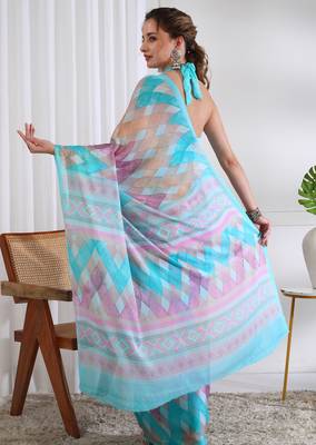 women's chevron print chiffon saree -turquoise 3