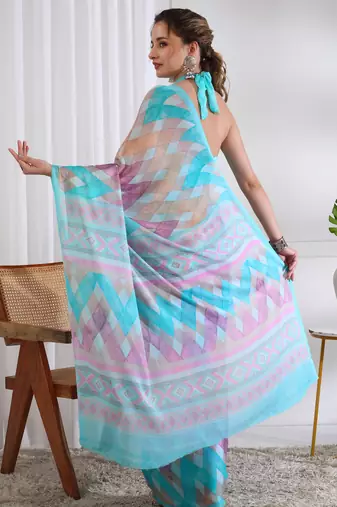 women's chevron print chiffon saree -turquoise