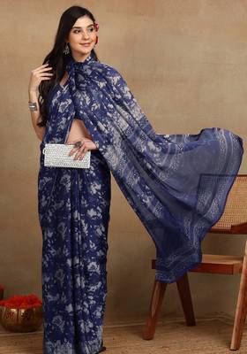 women's floral print chiffon saree -blue 2