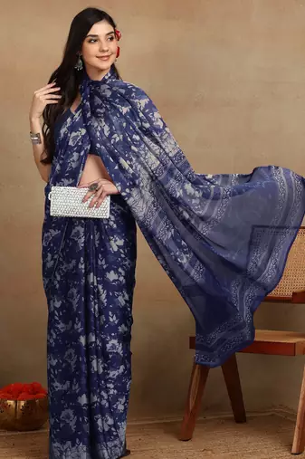 women's floral print chiffon saree -blue