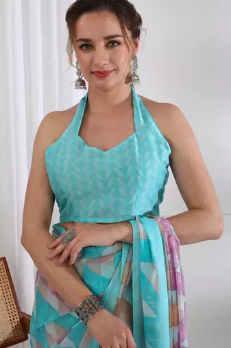 women's chevron print chiffon saree -turquoise