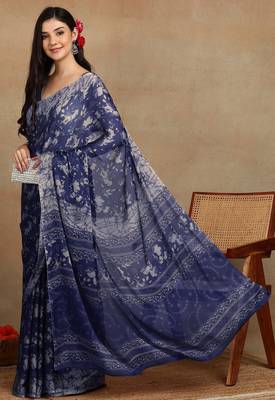 women's floral print chiffon saree -blue 3