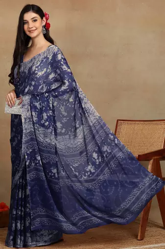women's floral print chiffon saree -blue