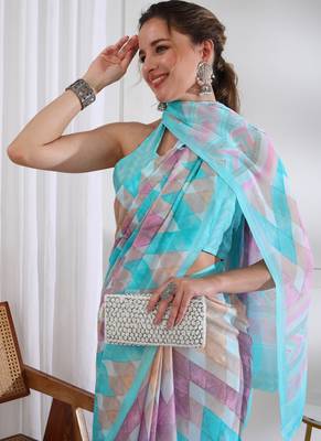 women's chevron print chiffon saree -turquoise 5
