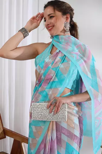 women's chevron print chiffon saree -turquoise