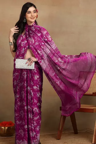 women's floral print chiffon saree -magenta