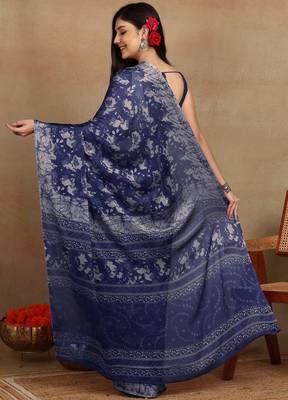 women's floral print chiffon saree -blue 4