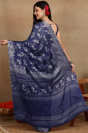 women's floral print chiffon saree -blue