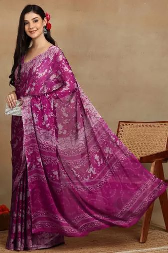 women's floral print chiffon saree -magenta