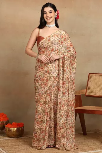women's floral print chiffon saree -beige