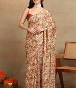women's floral print chiffon saree -beige