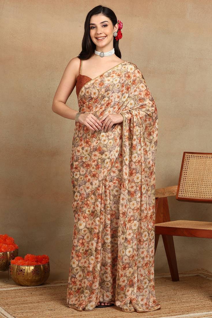 women's floral print chiffon saree -beige