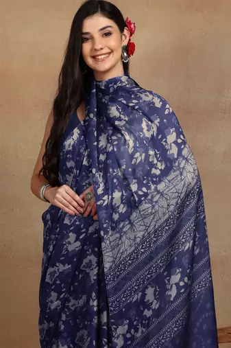 women's floral print chiffon saree -blue
