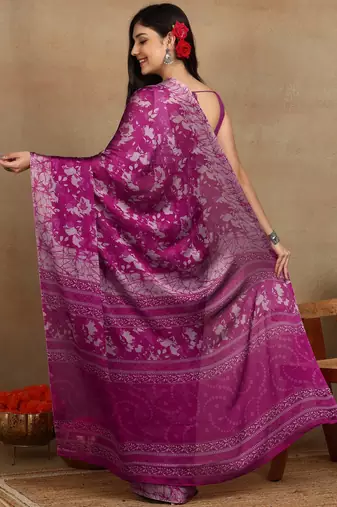 women's floral print chiffon saree -magenta