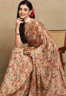 women's floral print chiffon saree -beige 2