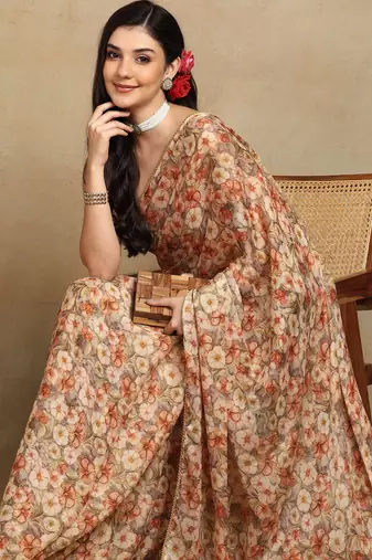 women's floral print chiffon saree -beige