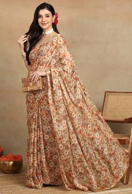women's floral print chiffon saree -beige 3