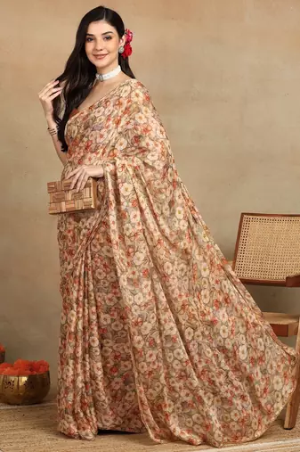 women's floral print chiffon saree -beige