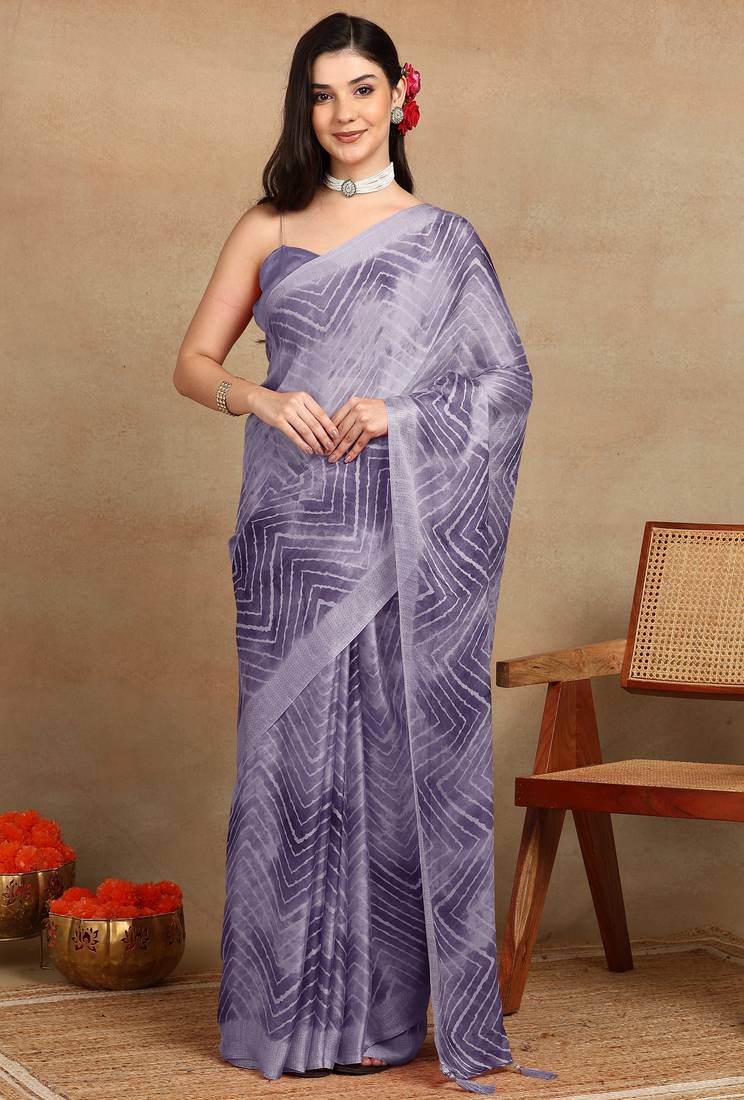 women's chevron zig zag print chiffon saree -lavender