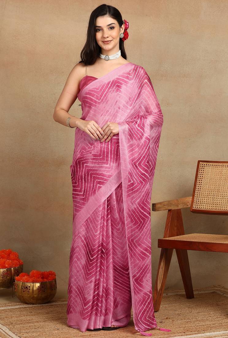 women's chevron zig zag print chiffon saree -pink