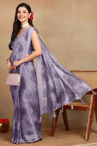 women's chevron zig zag print chiffon saree -lavender