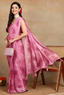 women's chevron zig zag print chiffon saree -pink 2