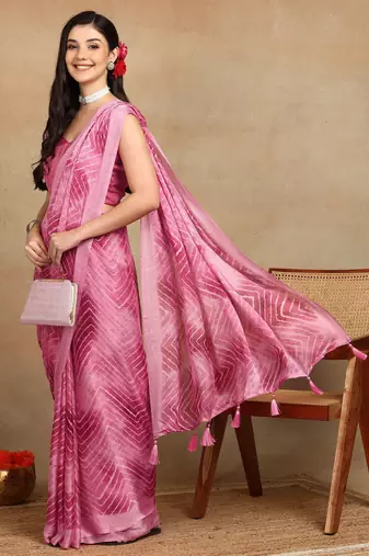 women's chevron zig zag print chiffon saree -pink