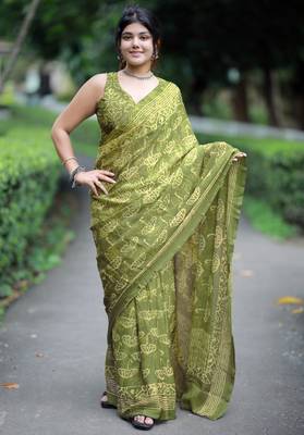women's block print chiffon saree -green 1