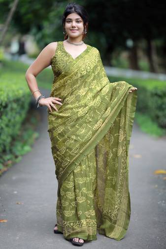 women's block print chiffon saree -green