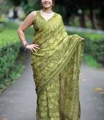 women's block print chiffon saree -green