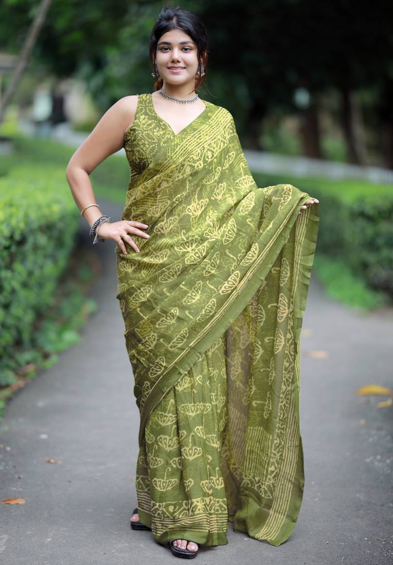 women's block print chiffon saree -green