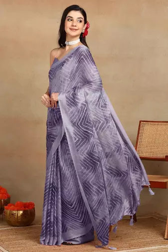 women's chevron zig zag print chiffon saree -lavender