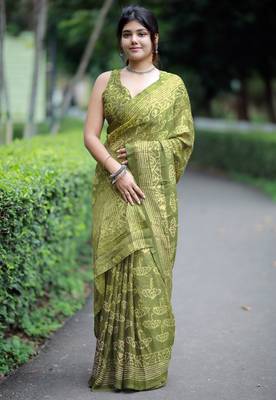 women's block print chiffon saree -green 2