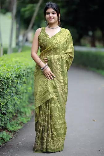 women's block print chiffon saree -green