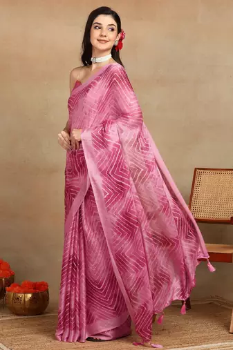 women's chevron zig zag print chiffon saree -pink