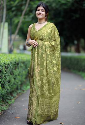 women's block print chiffon saree -green 3