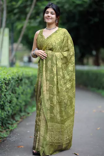 women's block print chiffon saree -green