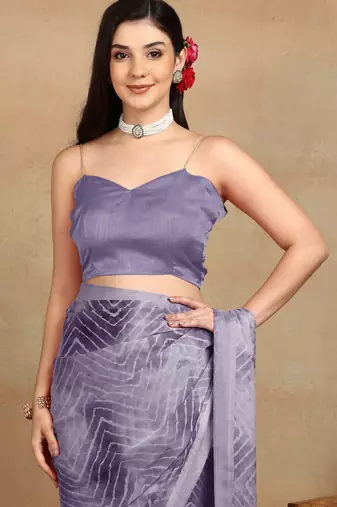 women's chevron zig zag print chiffon saree -lavender