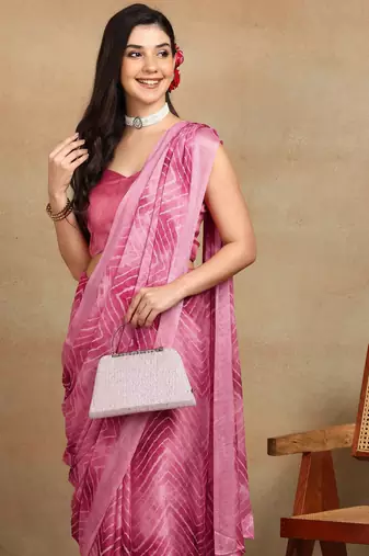 women's chevron zig zag print chiffon saree -pink